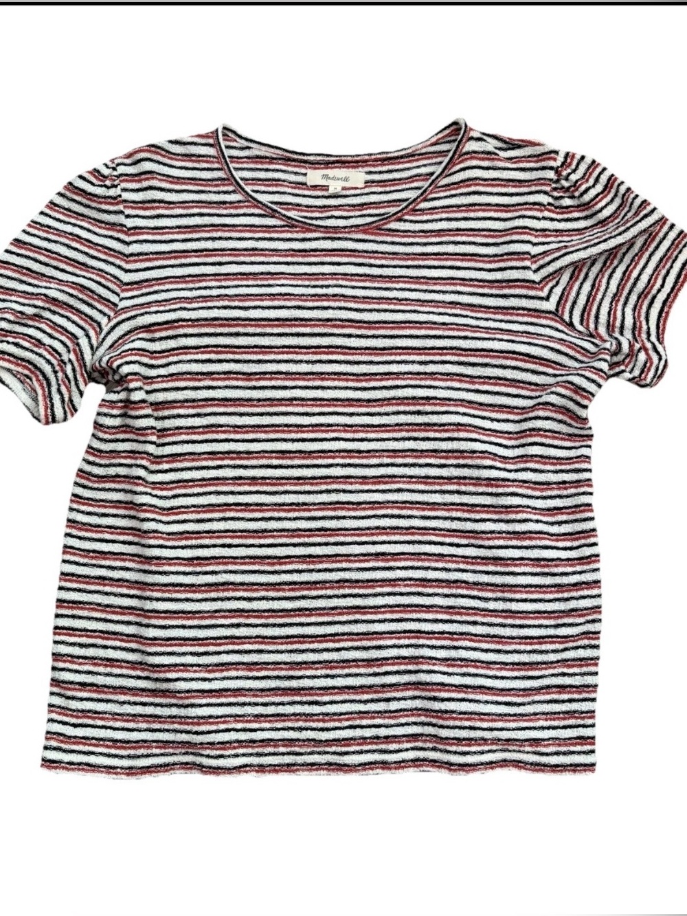Madewell Superlight Jacquard Puff Sleeve Striped Tee Top Red/Blk/White, Med EUC